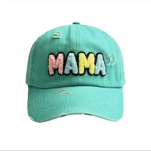 MAMA teal green hat distressed ball cap adjustable NEW Mom Cotton